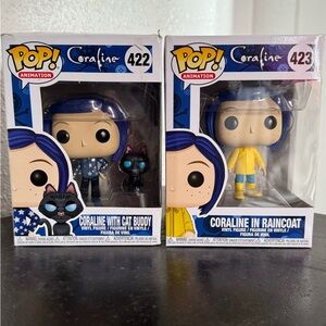 Two Funko Pop Coraline Vinyl Figures, With Cat Buddy and Raincoat